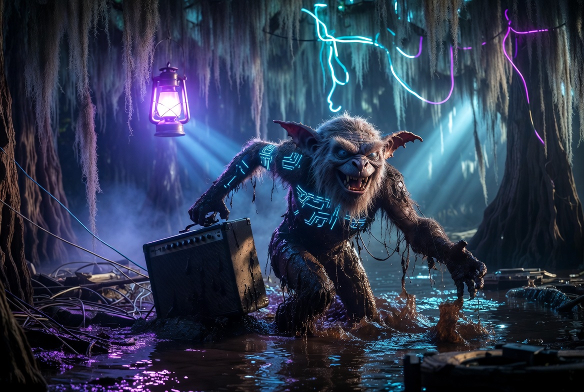 The Amp-Dragger dragging a vintage amplifier through the VOLTmarrow swamp