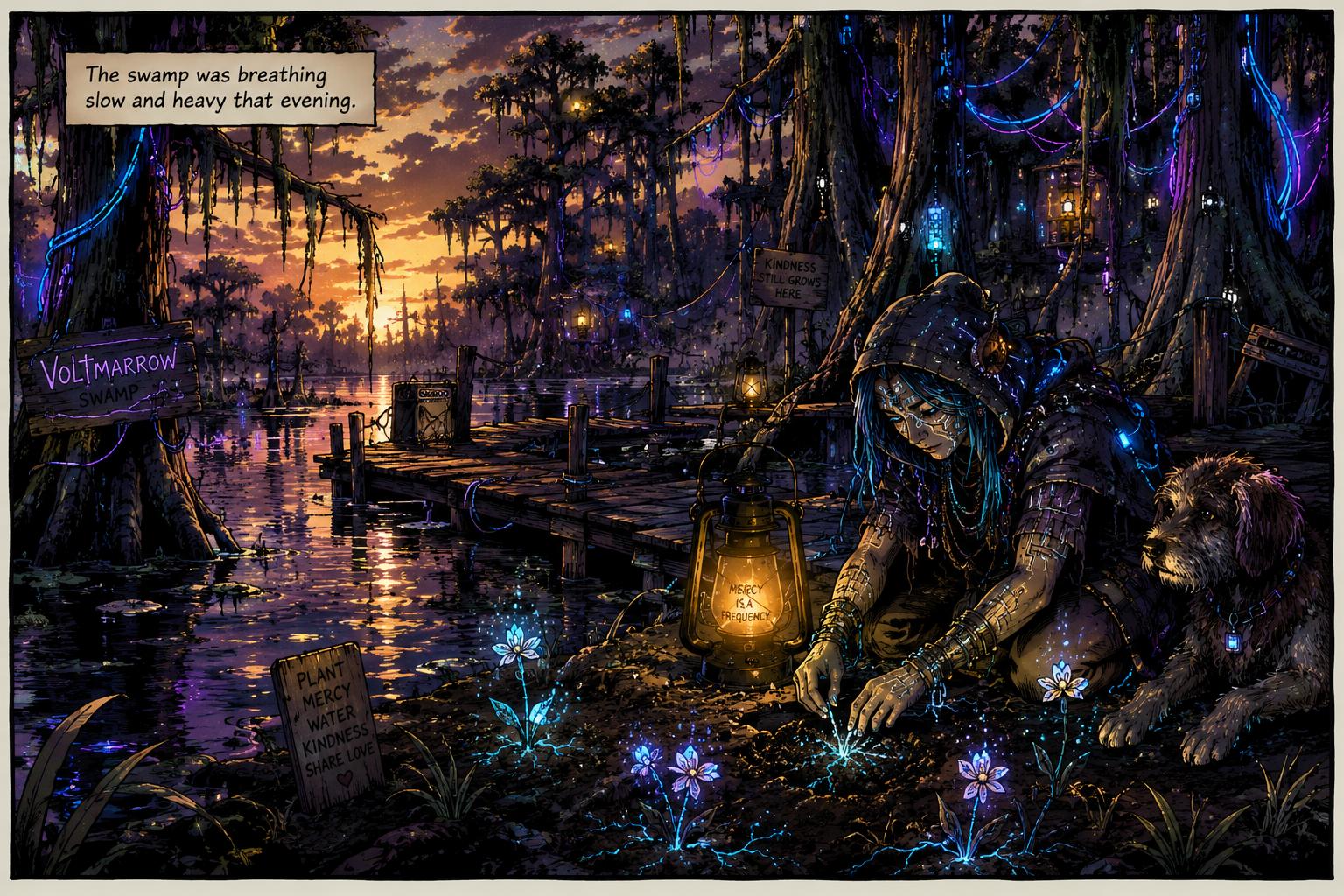 The Mercy Sower planting glowing mercy flowers in the VOLTmarrow swamp
