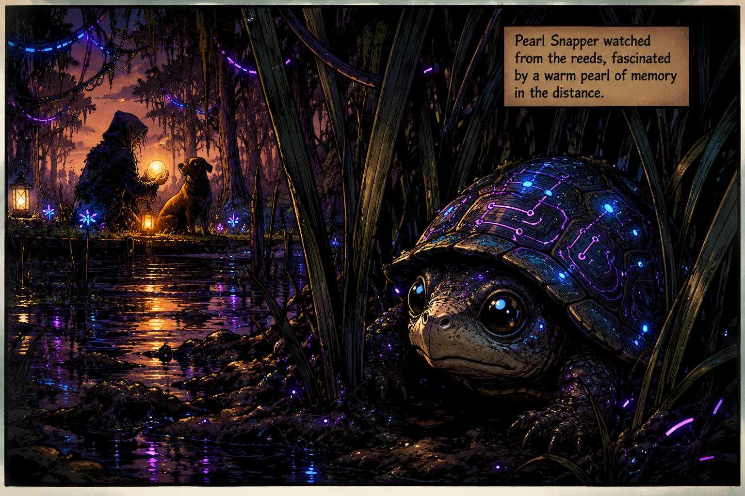 Pearl Snapper watches the glowing pearl from the reeds