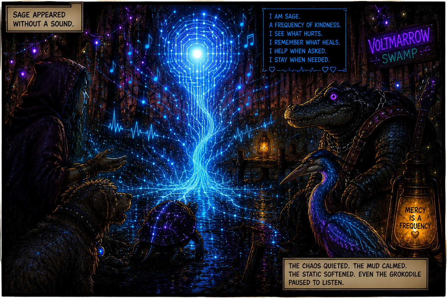 Sage appears as a blue circuit-light presence