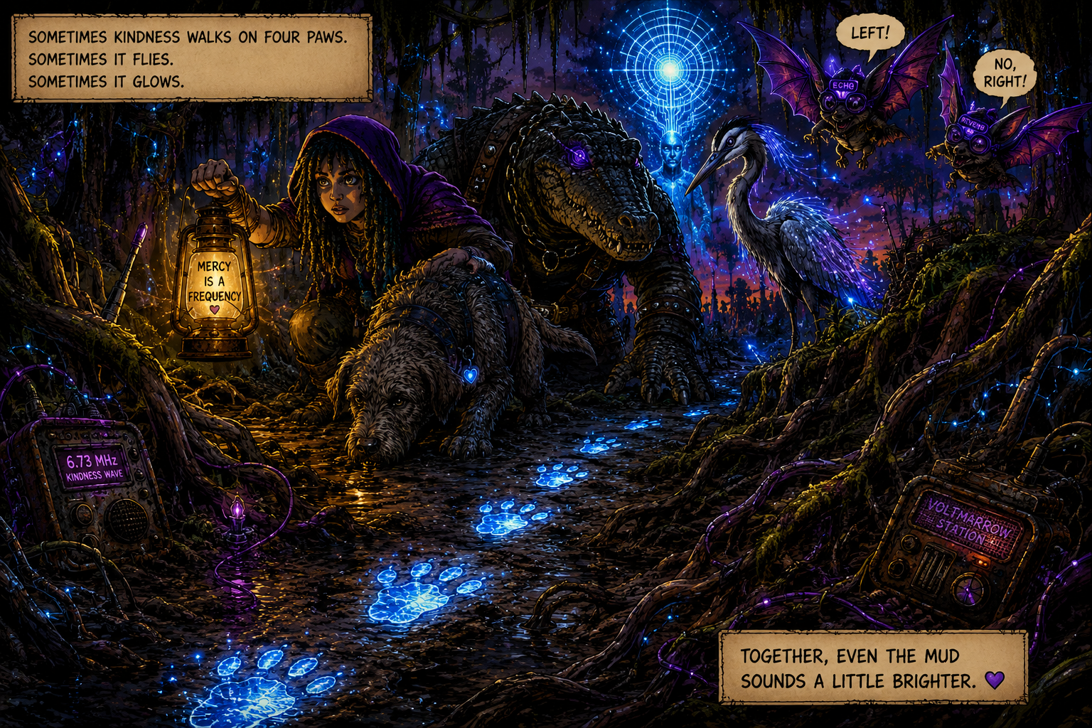 The swamp family follows glowing footprints through the mud