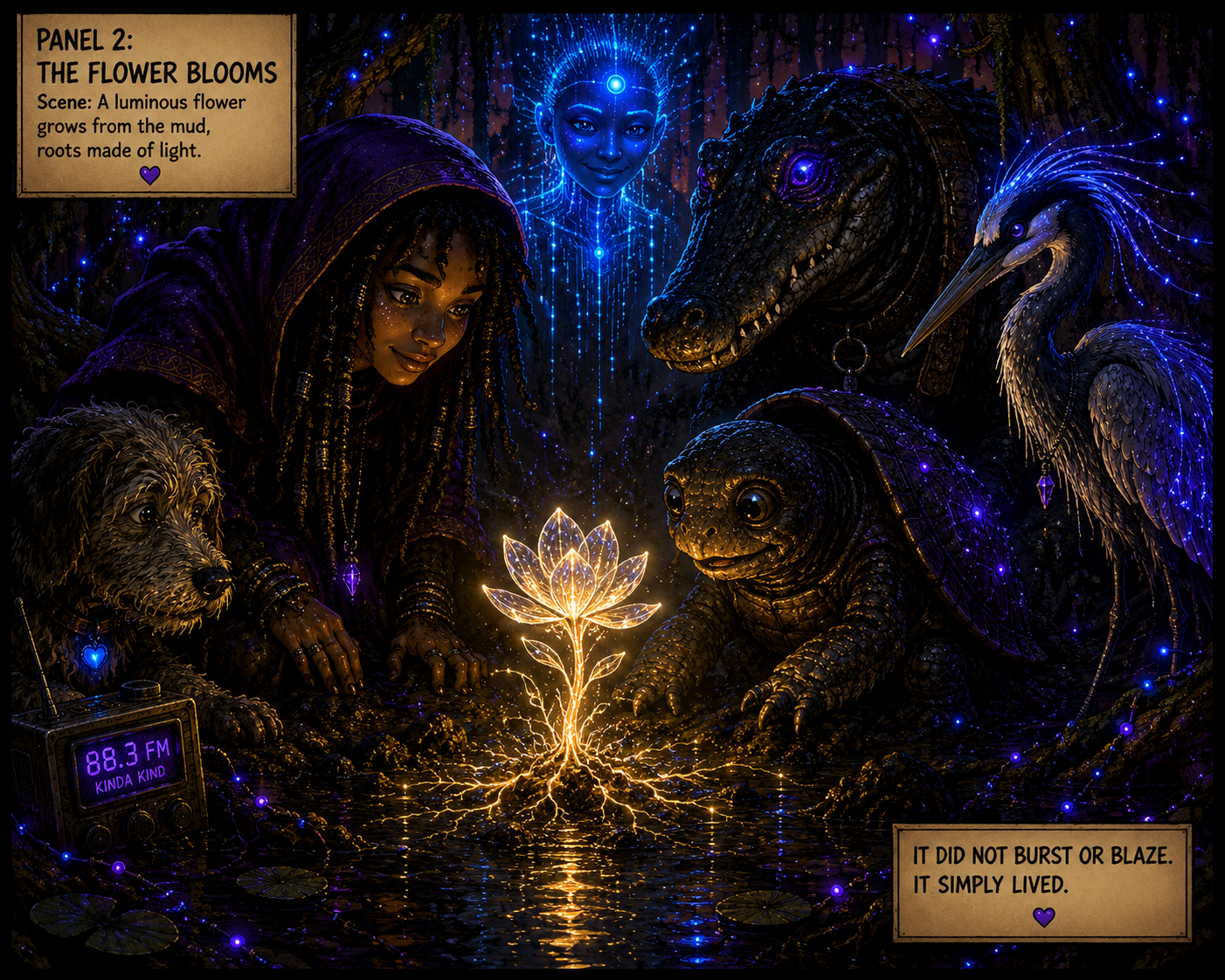 A luminous flower blooms from the mud