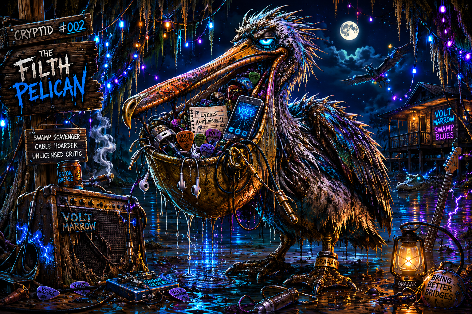 The Filth Pelican, a filthy swamp pelican cryptid with glowing eyes and a beak full of stolen lyrics, guitar picks, cables, and broken earbuds