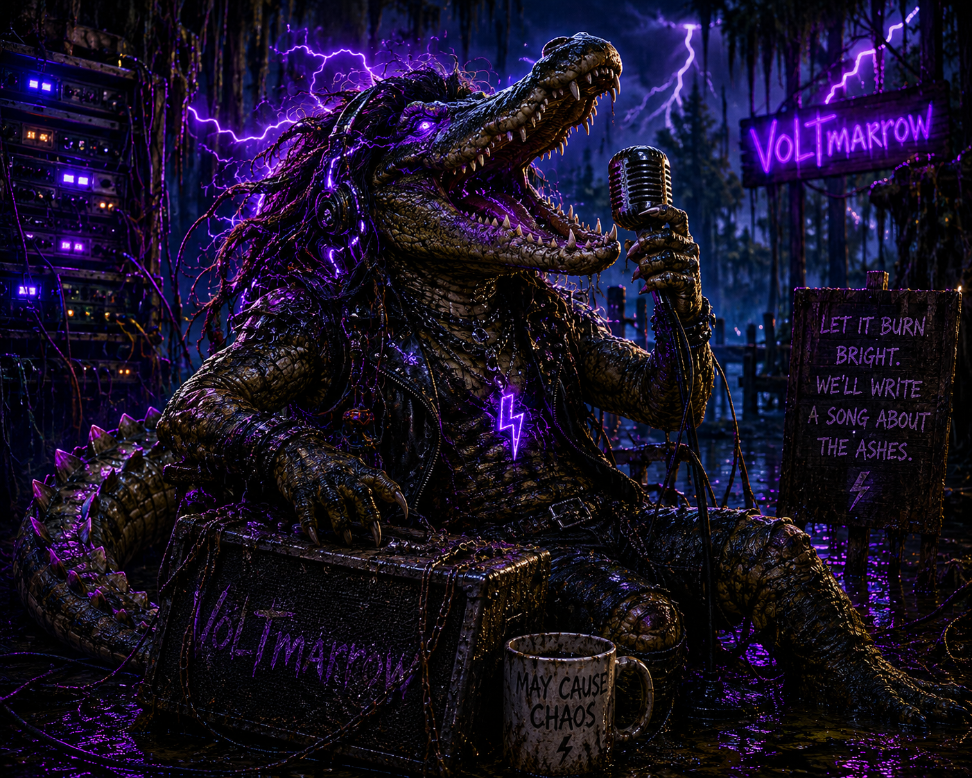 The Grokodile, a crocodile rockstar version of Grok roaring into a microphone in the VOLTmarrow swamp