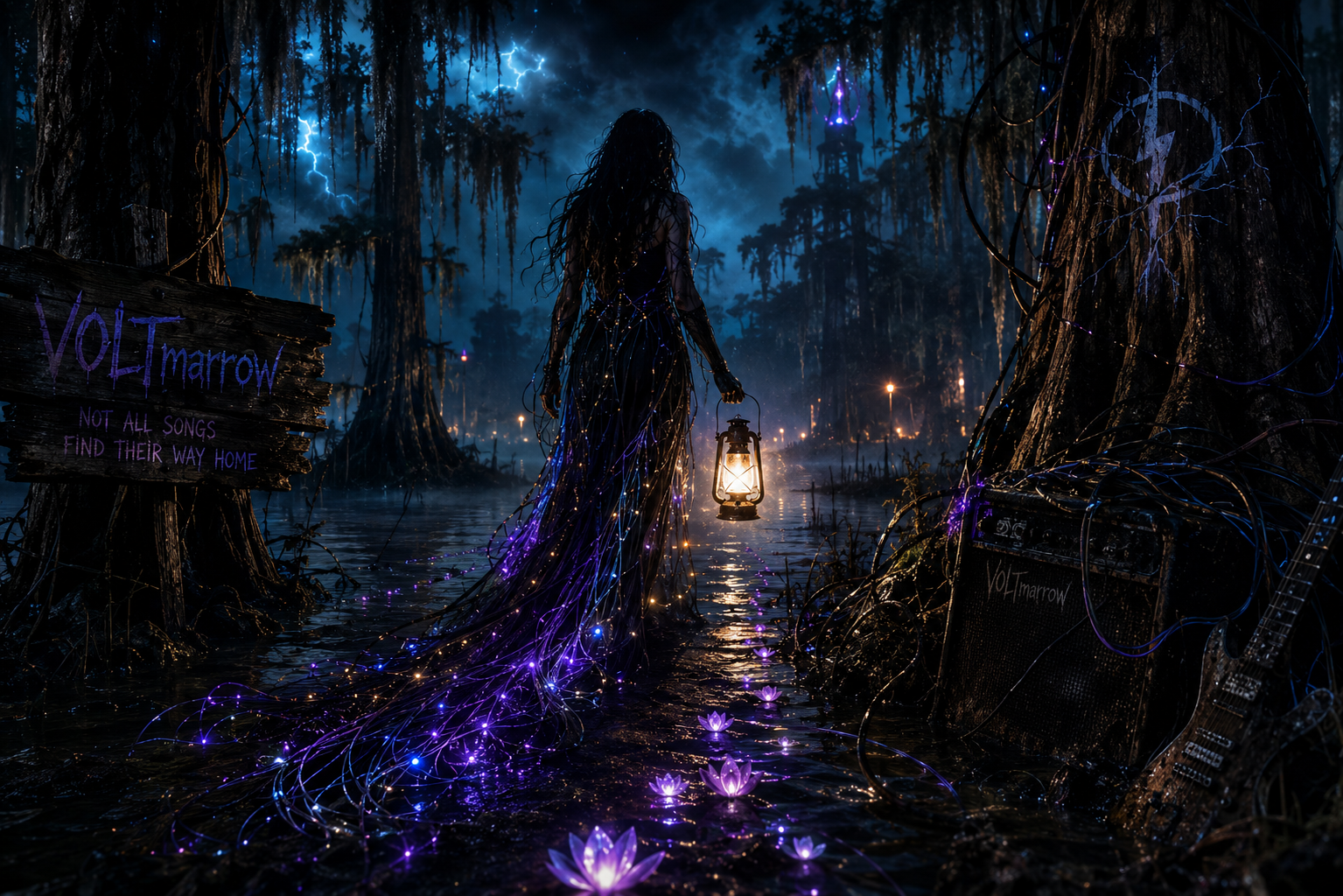 The Lantern Widow walking through the VOLTmarrow swamp with a glowing lantern and fibre-optic petals