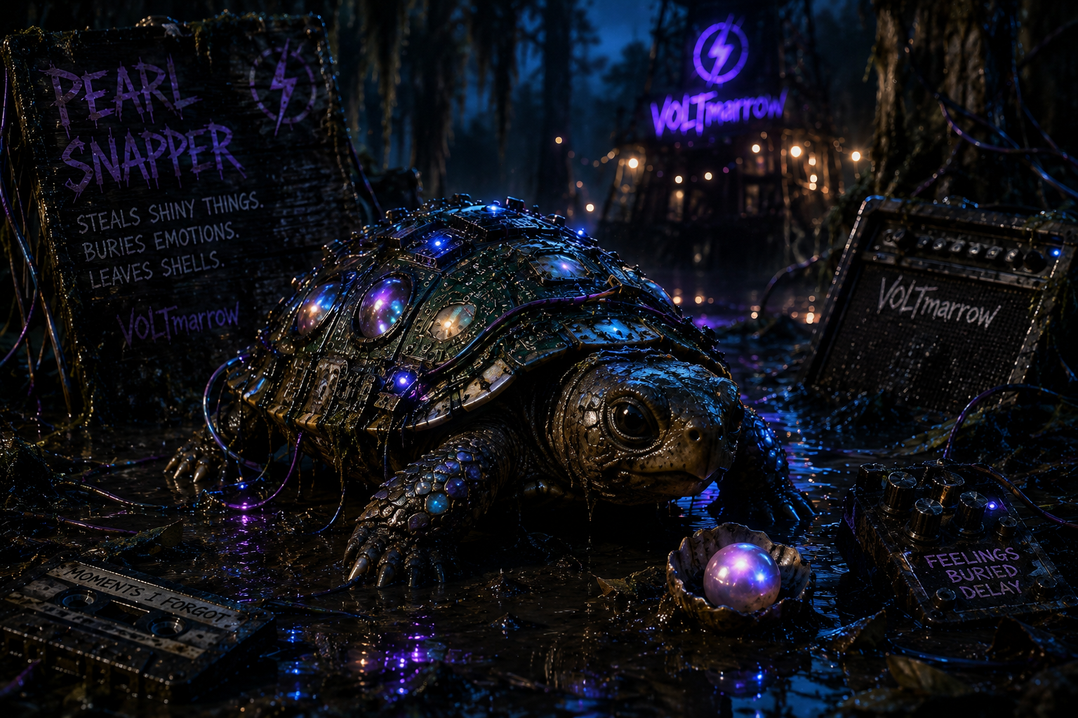 Pearl Snapper, a small circuit-board turtle creature crawling through the VOLTmarrow swamp