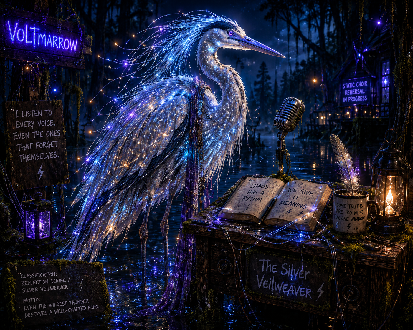 The Silver Veilweaver, a graceful silver heron with glowing threads in the VOLTmarrow swamp