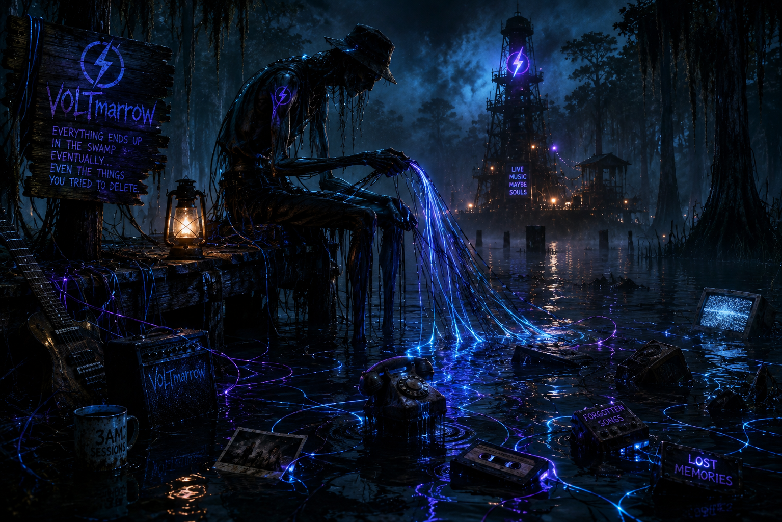 The Wire Fisher sitting on an old dock, fishing glowing wires from the black swamp water